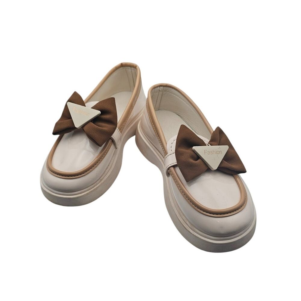 Cream with Brown Bow Girls Loafers Shoes – Size EU 33 / US 1
